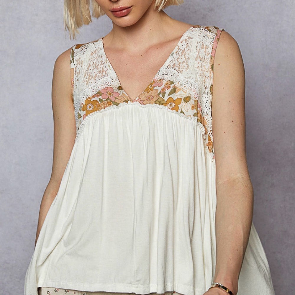 POL Cream Lace & Floral Tank Top with Pink and Mustard Accents